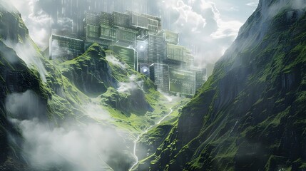 Poster - A green data center built into the side of a mountain, emitting strange quantum effects into the sky