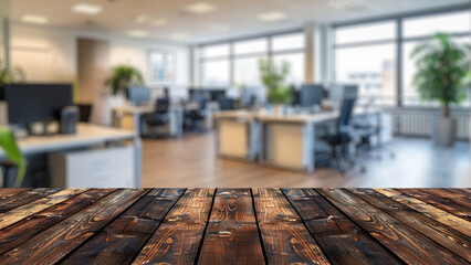 Wall Mural - Wooden table against blurred office lobby background.