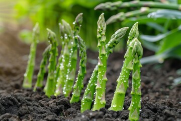 Wall Mural - Asparagus thrives in thick rows on a plantation, each verdant stalk glistening with morning dew, reflecting its fresh, organic growth and the promise of a bountiful harvest