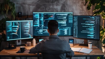 Software Developer Working on Code in Dual Monitor Setup AIG41
