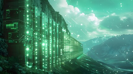 Poster - A green data center built into the side of a mountain, emitting strange quantum effects into the sky