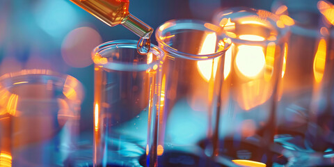 Wall Mural - Glass test tubes filled with colorful liquids sit in a laboratory rack, ready for scientific experiments