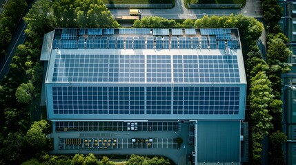 Wall Mural - Aerial view of an industrial building with solar panels on the roof, showcasing energy efficiency and sustainability in product development for a food packaging company's factory.