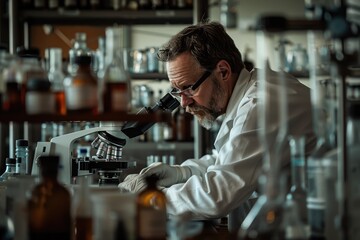 Poster - Scientist is conducting examinations on samples using a microscope in a laboratory setting AIG58