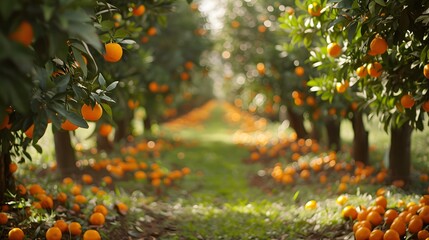 Wall Mural - An orange orchard full of vibrant oranges, the trees covered in bright green leaves and bathed in sunlight. The ground is lush with rich soil, creating an atmosphere filled with fresh air and sweet sc
