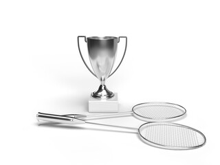 Silver trophy with racket - cup for the badmint competition for taking 2nd place. Diploma idea. 3d rendering.