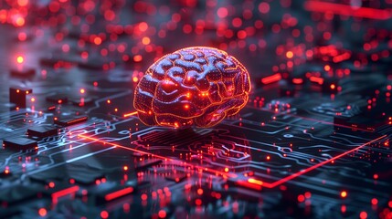 Brain above a motherboard In a red-yellow glow