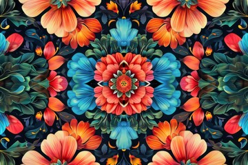 Wall Mural - A colorful floral pattern with a blue flower in the center