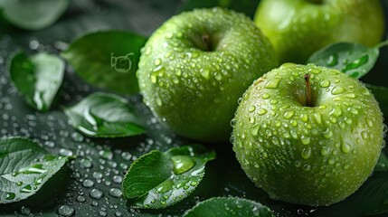 Wall Mural - Fresh Green Apples with Dew Drops on Leaves