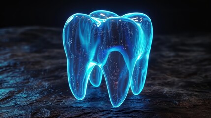 A glowing tooth on a dark blue background. The tooth is made of glass and has a blue light shining through it. The tooth is also transparent, so you can see the inside of it.