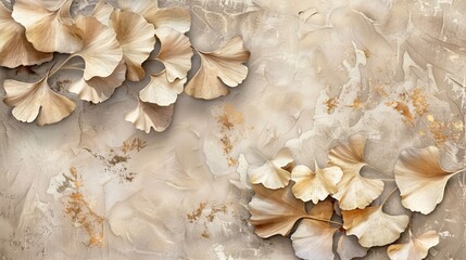 Ginkgo leaves in textured look, light beige background, copy and text space, 16:9