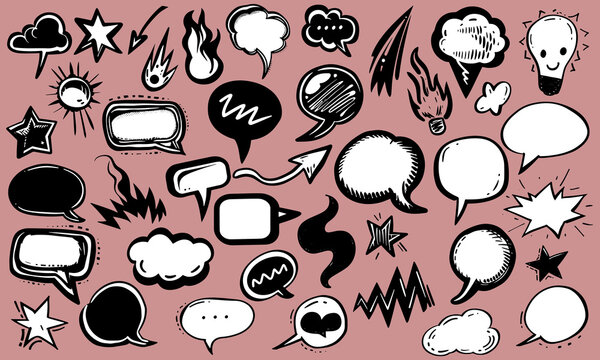 Set of hand drawn speech bubbles, star, flame, arrows. Trendy comic doodles for stickers. Freehand drawing