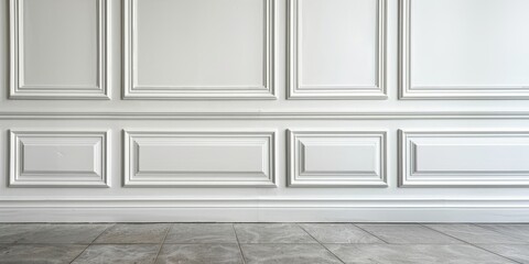 Elegant white paneled wall and tiled floor in a minimalist interior setting, suitable for backgrounds and design inspirations.