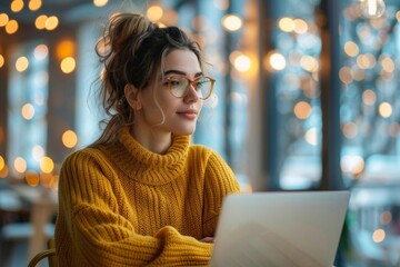 Young woman wearing glasses sits at a table in a cafe, using a laptop.