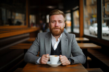 Channeling Botticelli's elegance, a contemporary Italian man in a tailored suit savors a cup of espresso, his kind eyes reflecting a focus on well-being.