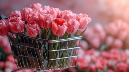 Wall Mural - A close-up image of pink tulips in a metal basket against a field of pink flowers