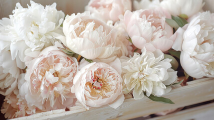 Wall Mural - A close-up shot of a bouquet of soft pink and white peonies arranged in a wooden crate