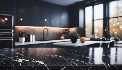 Modern empty dark marble table top or kitchen island on blurry bokeh kitchen room interior background. for montage product display