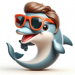 Wall Mural - 3D cartoon of a Happy Dolphin fish wearing sunglasses isolated white background