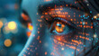 © jiacheng - Closeup of a Woman's Face with Glowing Digital Data Particles Symbolizing AI Integration in Human Life Against a Blurred Night Cityscape