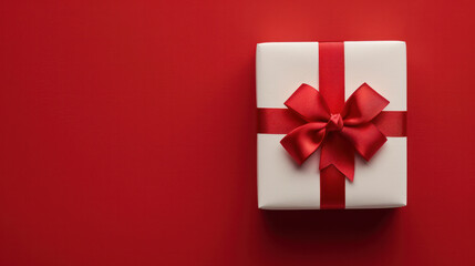 Wall Mural - A white gift box with a red ribbon and bow sits on a red background