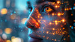 © jiacheng - Closeup of a Woman's Face with Glowing Digital Data Particles Symbolizing AI Integration in Human Life Against a Blurred Night Cityscape