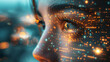 © jiacheng - Closeup of a Woman's Face with Glowing Digital Data Particles Symbolizing AI Integration in Human Life Against a Blurred Night Cityscape