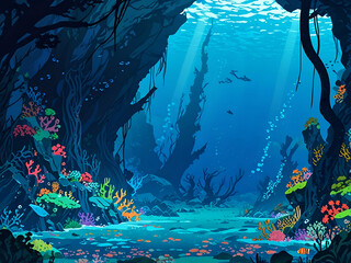 Wall Mural - abstract childish ocean floor illustration Floating sea habitat underwater wildlife with blue water cliffs coral reefs algae sunlight beam