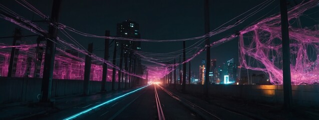 Wall Mural - Cyberpunk cityscape illuminated by glowing cable webs symbolizing high-speed internet.