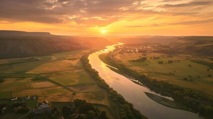 Aerial view of river valley in beautiful sunset light.