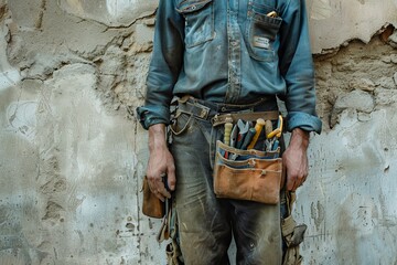 Portrait of maintenance worker with tool kits, standing by rough wall, engaged in repair work