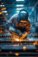 Wall Mural - A welder in protective gear working with sparks flying in an industrial factory environment.