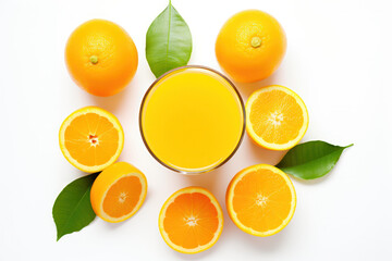 Wall Mural - A top view of a glass of orange juice, whole oranges, and sliced oranges with green leaves on a white background