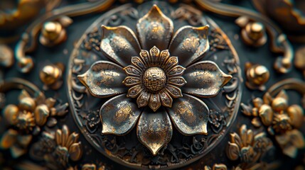 a close-up view of an intricate, antique floral design with metallic gold and bronze elements, showc