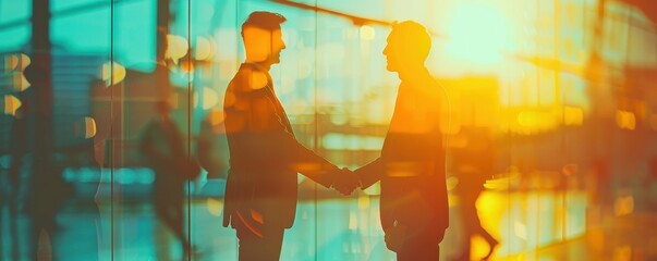 Close-up of handshake and documents in bright office, double exposure silhouettes symbolizing a successful business deal. Focus on copy space.