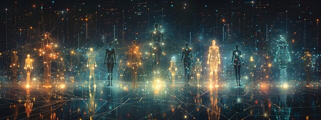 Poster - Interconnected Humanity A Futuristic Digital Tapestry of Diverse Icons Linked by Luminous Threads
