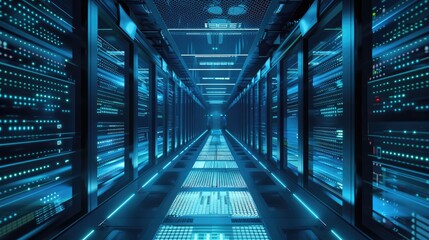 Poster - Futuristic data center hallway: Rows of servers stand tall under blue lighting, representing the backbone of digital innovation