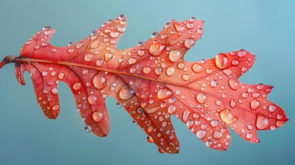 Wall Mural - Oak Leaf Adorned with Living Coral Colored Water Droplets