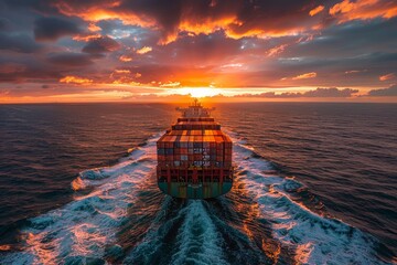 Wall Mural - A large cargo ship sails into the horizon at sunset, leaving a trail of vibrant water patterns with dramatic clouds and golden light reflecting on the ocean