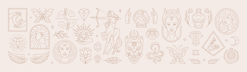 Big set of woman and magic symbols in line art style. Beauty fashion esoteric concepts.