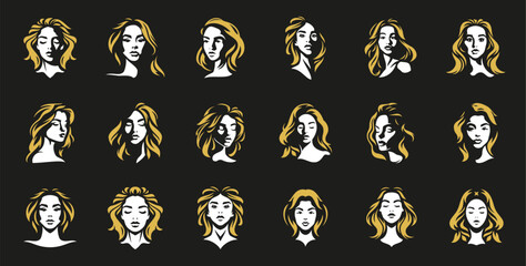 Wall Mural - fashion woman face shadow silhouette with golden face logo for makeup cosmetic set