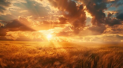 Wall Mural - Sunset over golden wheat meadow with sun rays