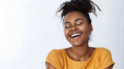 Wall Mural - Happiness and people. Laughing Black woman smiling and looking carefree, joyful chuckle over smth funny, standing over white background