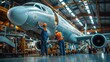 © Intelligent Horizons - Aerospace manufacturing facility with workers assembling aircraft components and parts in an industrial hangar or workshop  Teamwork and engineering technology in the production process