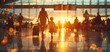 © apichat - Silhouette of travelers walking with luggage at sunrise in an airport terminal, showcasing the beauty of travel and adventure.