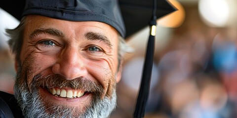 Canvas Print - An older man with a grey beard smiles while wearing a cap and gown at a graduation ceremony
