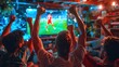 © BOONJUNG - Friends gathered around a TV, Friends cheering for soccer team on TV, Home game excitement
