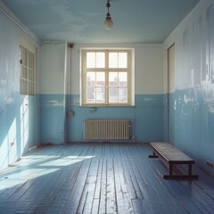 Empty, light blue room with a wooden bench and a single window, creating a sense of solitude and simplicity.