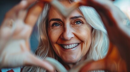 Middle-aged woman frames heart showing symbol of love