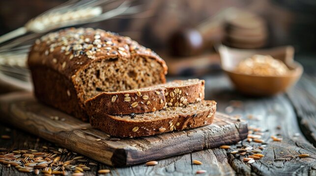 Wholesome whole grain bread loaf, presented on a rustic wooden board, accented with an array of seeds, promising a delightful and nutritious treat